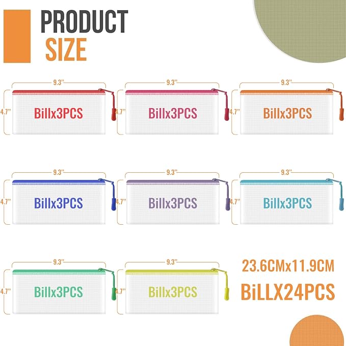 24pcs Mesh Zipper Pouch Bags 9.3 x 4.7 Inches, 8 Color Small Clear Pouches Bulk, Travel Cosmetics Organization, Classroom and Office Supplies - Image 3