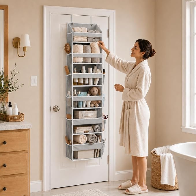 Over the Door Organizer, 6-Tier, 100D Fabric, Light Gray 1pc | Over the door shoe organizer, 50 lbs capacity, 12 side mesh pockets, 100D extra thick fabric, Closet & entryway storage - Image 2