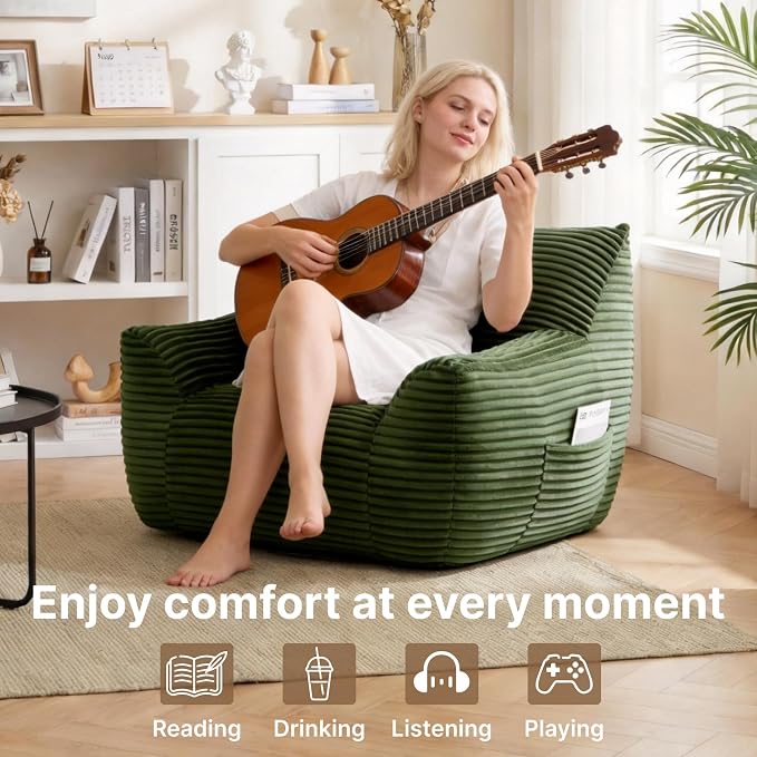 Bean Bag Chair for Adults & Kids, Giant Bean Bag Sofa with Side Pocket, Corduroy Beanbag Chair with Armrests, Comfy Stuffed Floor Sofa for Living Room Bedroom Dorm, Green - Image 3