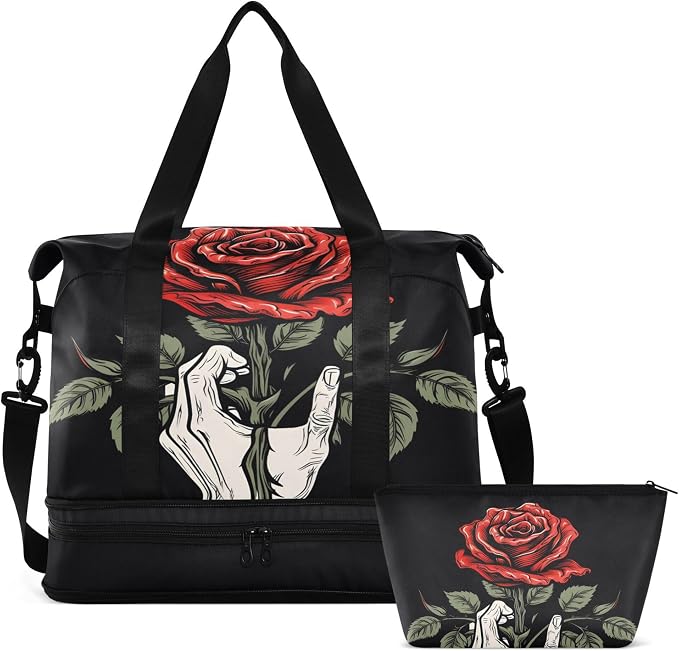 MNSRUU Unisex-Adults Travel Duffel Tote Bag Gothic Skull Rose Sports Gym Weekender Overnight Carry On Hospital Bag, 17.32 x 8.66 x 15.55 inches (expanded), Skull I 4148 by MNSRUU