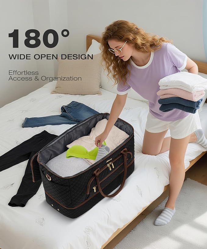 Travel Duffle Bag, Wide Open Large Weekender Bag for Women with Shoe Compartment, Carry on Overnight Bags with Toiletry Bag, Hospital Bag for Women Labor Delivery with Wet Pocket (Black Brown) - Image 4