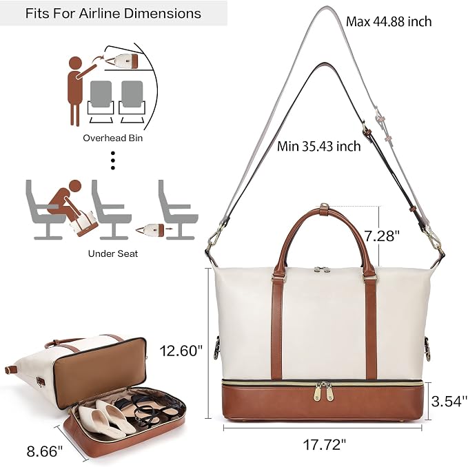 BOSTANTEN Weekender Bags for Women Leather Travel Duffle Bag | Shoe Compartment, Trolley Sleeve, Fits Under-seat, Airline-Friendly Carry-on Size, Weekend Getaways, Overnight, Road Trip - Image 3