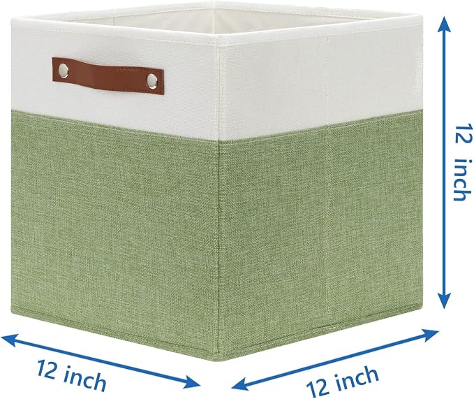 Temary 12 Inch Fabric Storage Cubes Storage Bins with Leather Handles, 4 Pack Cube Baskets Bins for Organizing Closet, Foldable Cloth Baskets for Shelves (White&Green) - Image 2