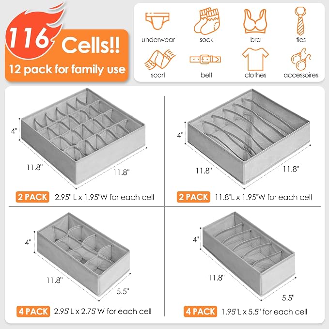 12 Pack Sock Underwear Drawer Organizer Dividers, 116 Cells Fabric Foldable Dresser Closet Organizers and Storage Bins for Baby Clothing, Women Men Underwear Socks, Bra, Ties, Scarf - Image 3
