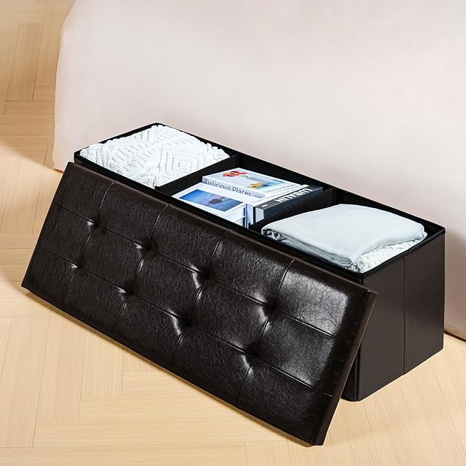 PINPLUS Folding Storage Ottoman Bench, Brown Faux Leather Long Storage Chest Footstool Seat, Bench for Bedroom and Hallway, 43.3"x15.7"x15.7" - Image 2
