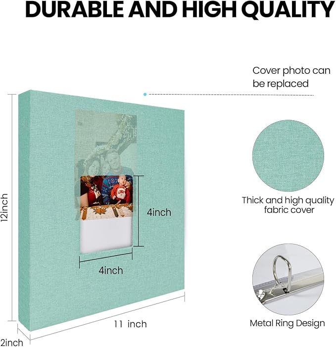 8.5x11 Scrapbook Inch Large 3 Ring DIY Linen Cover Scrap Books with 30 Plastic Sleeves 60 Pages Blank White Inner Pages, 8.5 x 11 Scrapbook Photo Albums for Baby Travel Wedding kids (Cyan Blue) - Image 2