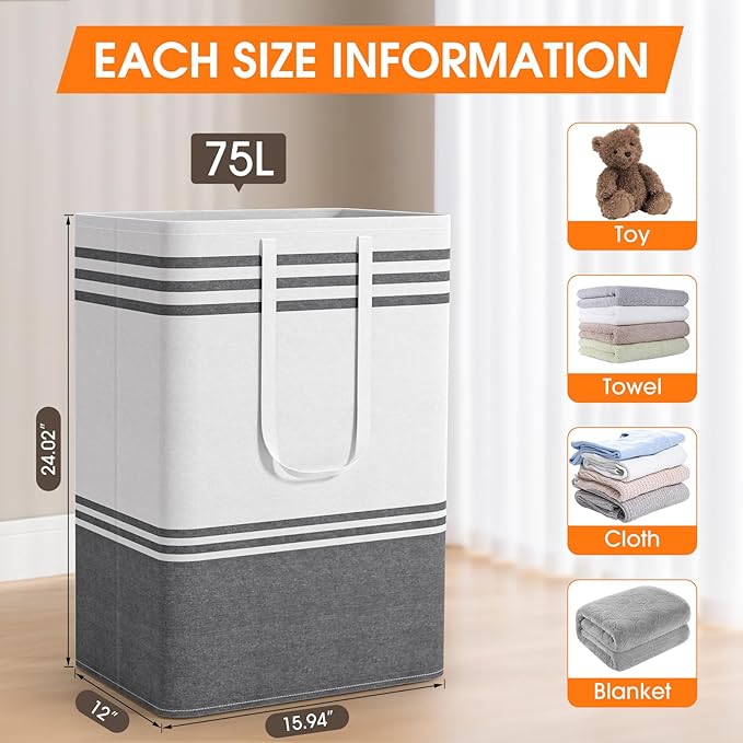 2 Pack Large Laundry Baskets, Laundry Hampers for Dorm, Bathroom, Room 75L | Freestanding, Waterproof, Collapsible Clothes Bags with Reinforced Handles - Foldable Dirty Clothes Baskets Laundry Bins - Image 2