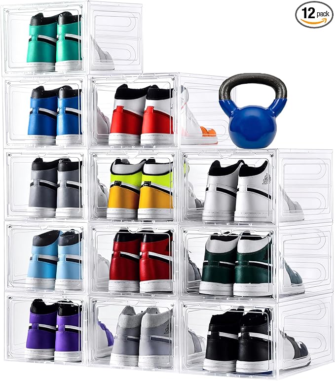 Large Clear Shoe Storage Boxes Stackable, 12 Pack Hard Plastic Shoe Storage Organizer with Magnetic Door, Shoe Container Sneaker Storage Display Case Fit up to US Size 12 Clear by YukuiLLc