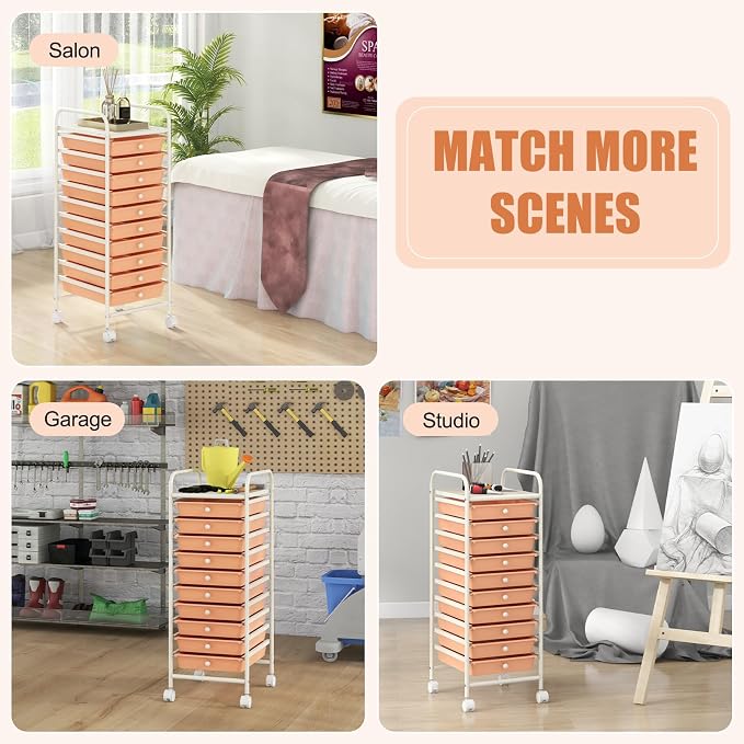 GOFLAME 10-Drawer Rolling Storage Drawer Cart, Utility Cart with Removable Drawers & Metal Frame, Mobile Art Craft Drawer Cart with Lockable Wheels for Home, Office, Studio, School, Peach Fuzz - Image 8