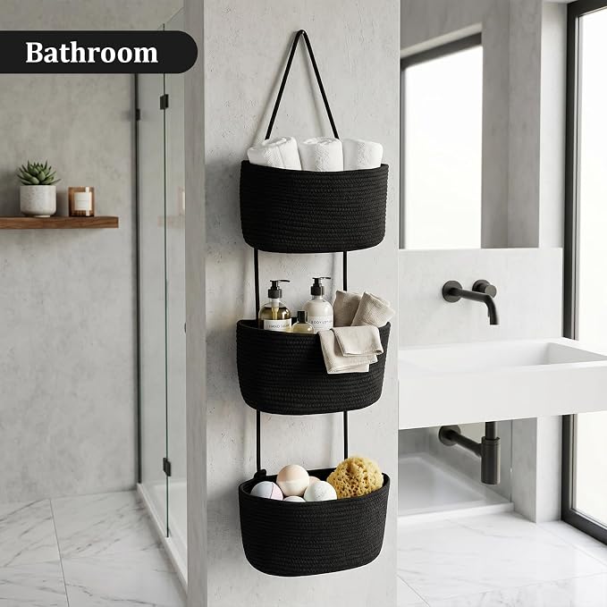 TeoKJ Over the Door Hanging Basket, 3-Tier Woven Cotton Wall-Mounted Storage Organizer Bag Decorative Hanging Nursery Baskets, Black - Image 6