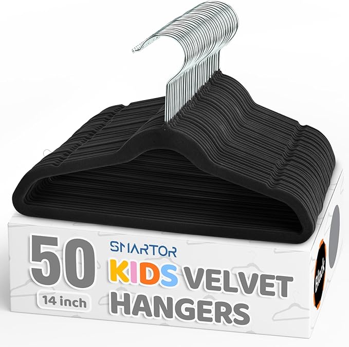 Premium 14 Inch Kids Hangers 50 Pack, Baby Velvet Hanger Non Slip | Black Space Saving Felt Hangers Clothes Organizers for Closet with 360° Swivel Hook for Children, Toddler & Teens by Smartor