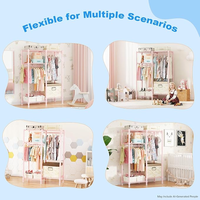 F1 Clothes Rack for Kids, Baby, Students, and Children's Room, 4 Tiers Portable Metal Closet Clothing Rack, Small Garment Rack with 2 Hanging Rod, 31.2" W x 11.8" D x 48" H, Pink | Clothing Rack for Baby and Children's Room, Small Freestanding Clothes ... - Image 7