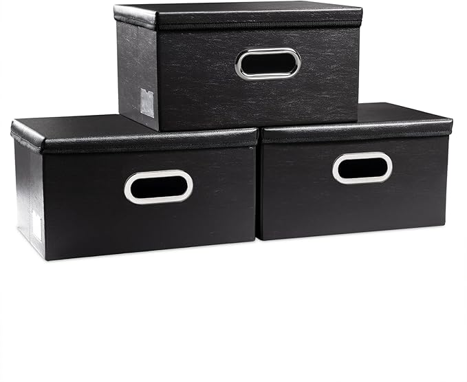 Collapsible Storage Box with Lid [3-Pack] Leather Fabric Foldable Storage Bin Organizer Container Basket Cube with Cover for Home Bedroom Closet Office Nursery Black(13.6x9.6x6.9) by Prandom
