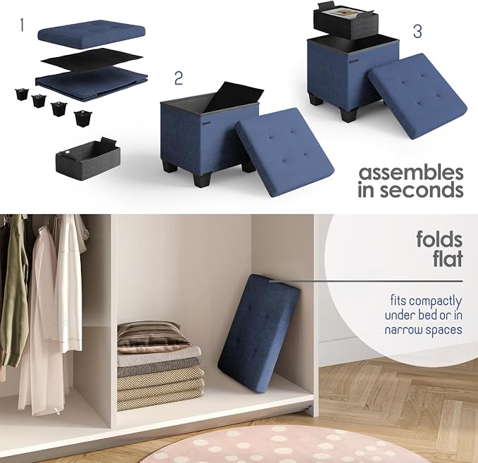 Storage Ottoman Cube with Small Bin, 15-in Square Ottoman with Storage for Living Room and Bedroom, Small Ottomans Foot Rest, Fabric Foot Stools Ottomans Max 330lbs, Blue - Image 3