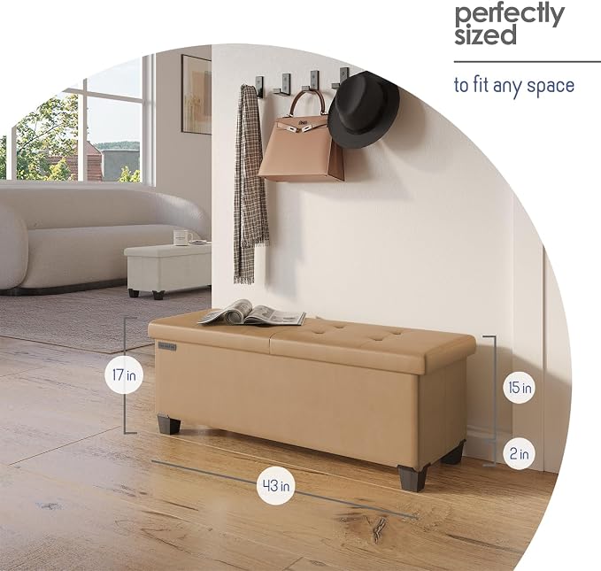 Storage Ottoman Bench with Bins, 43-in Storage Bench for Bedroom End of Bed, Folding Foot Rest Ottoman for Living Room Max 660lbs, Leather Ottomans, Taupe - Image 8
