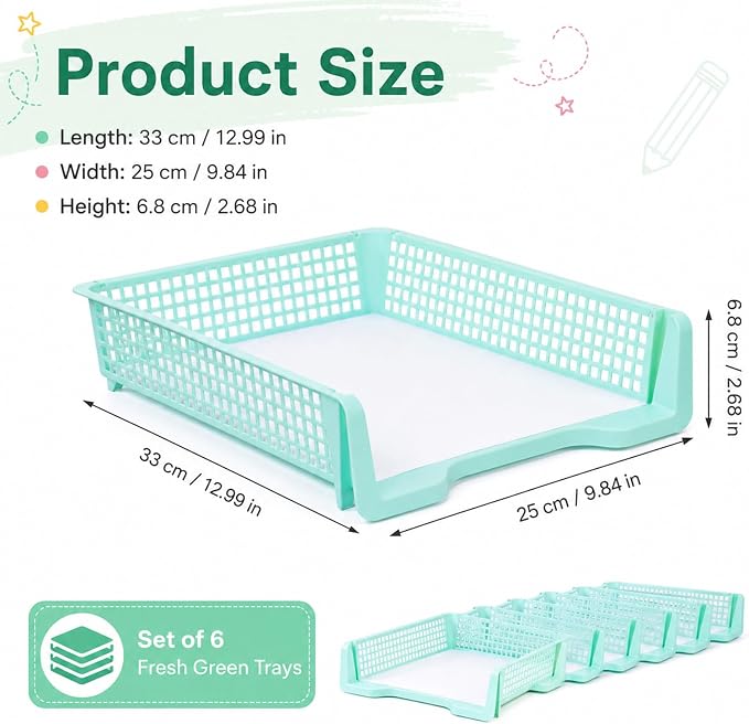 Set of 6 Teal Turn in Trays for Teachers Stackable Classroom Paper Letter Trays Plastic Classroom Desk Letter Organizer Tray Storage Baskets for Library, Drawers, Office, Home - Image 2