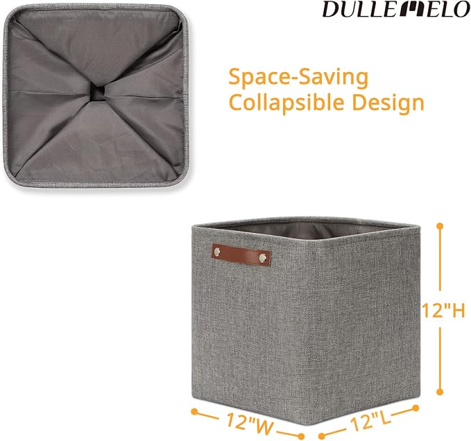DULLEMELO 12 inch Cube Storage Bins, Large Collapsible Grey Storage Baskets for Square Cubes Organizing, Fabric Boxes Bins for Shelves Nursery Home Office Storage(4 Pack - 12" Grey) - Image 2