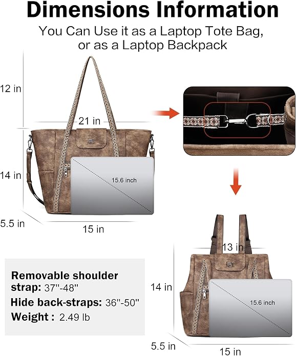 Large Laptop Tote Bag for Women Designer Leather Laptop Bag, 15.6in | Fashion Travel Backpack Purse Shoulder Handbag Fits 15.6 Laptop, Daily, Work, Business Trip, Weekend Travel, Teacher - Image 4