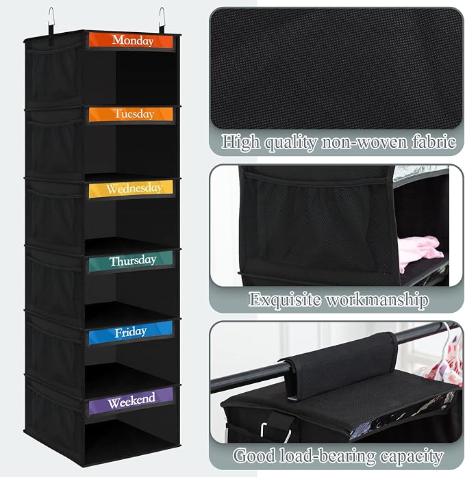 2 Pcs 6 Shelf Hanging Weekly Clothes Organizer for Kid,Black | Closet Organization, Hanging Closet Shelves with Side Pockets, Labeled Shelves with Days of The Week Monday Through Weekend - Image 4