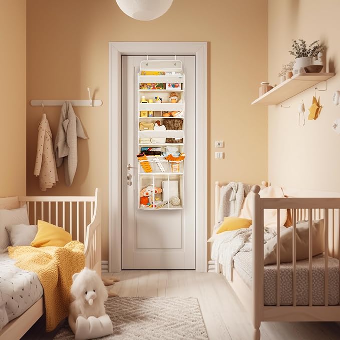 Door Hanging Storage Organizer,with 3 Bins 1 Movable Baby Diaper Caddy,1 Large capacity diaper stacking storage Organizer,10 Side Pockets ,Bedroom Door Storage for Nursery Baby Essentials. (Beige) - Image 6