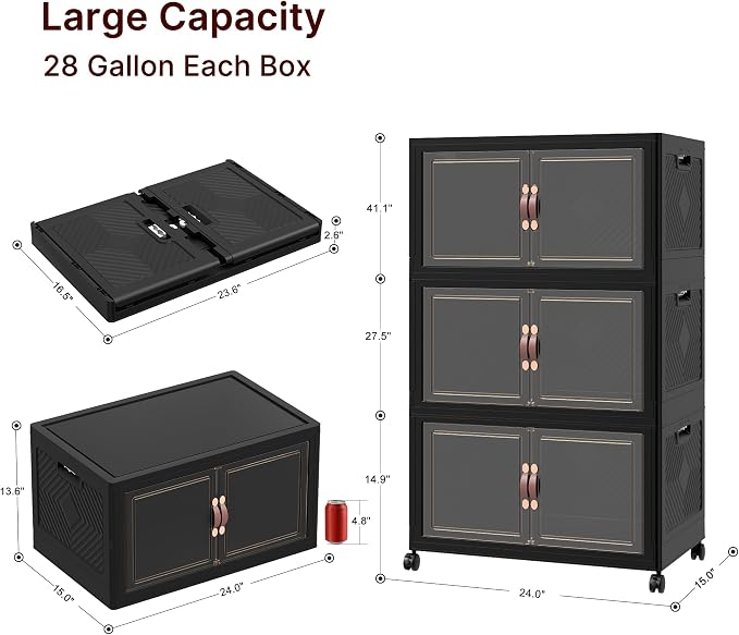 Stackable Storage Bins with Lids, 330QT Lockable Storage Cabinet | Closet Organizers, Foldable Storage Box with Doors and Wheels, Plastic Drawers for Home, Garage, Office (3, Black, Plus) - Image 2