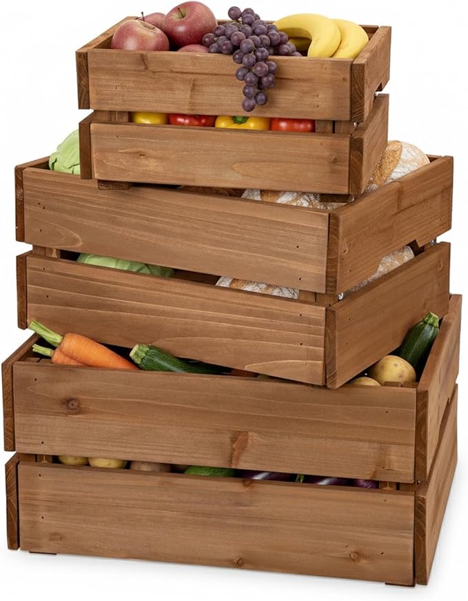 Set of 3 Rustic Wooden Storage Crates - Vintage Wood Storage Boxes with Handle for Home Organization Wooden Container Boxes Wood Baskets for Display Kitchen Pantry Cabinet Shelf Counter Home Decor - Image 7
