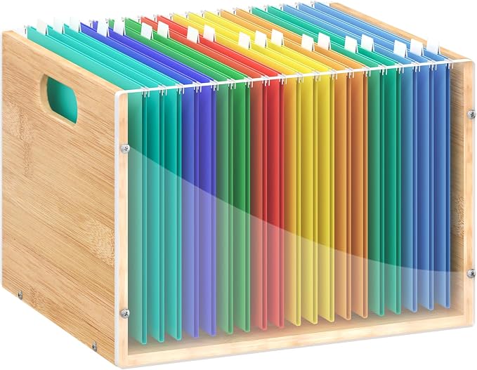 Sbanmao Clear Acrylic File Box Organizer, Bamboo Hanging Folder Storage Boxes, Filing Crate Bin Holder with Handle for Home Office Desk, Letter Size by shengbaomaoyi