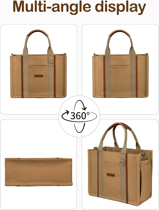 BESBESME Women’s Canvas Tote Bag with Zipper and Compartments – Multi-Pocket Laptop Work Crossbody Shoulder Tote Purse - Image 6