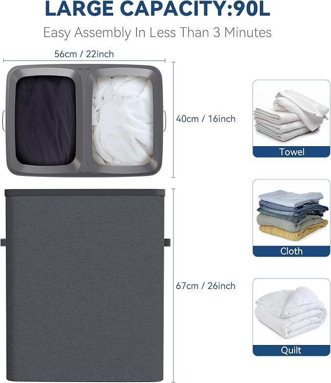 Dual Section 90 liter/23.8 gallon Laundry Hamper Separation Basket with lid, 2 Removable Washing Bags with Handles,Large Laundry Sorter for Easy Clothes Separation - Dark Gray - Image 2