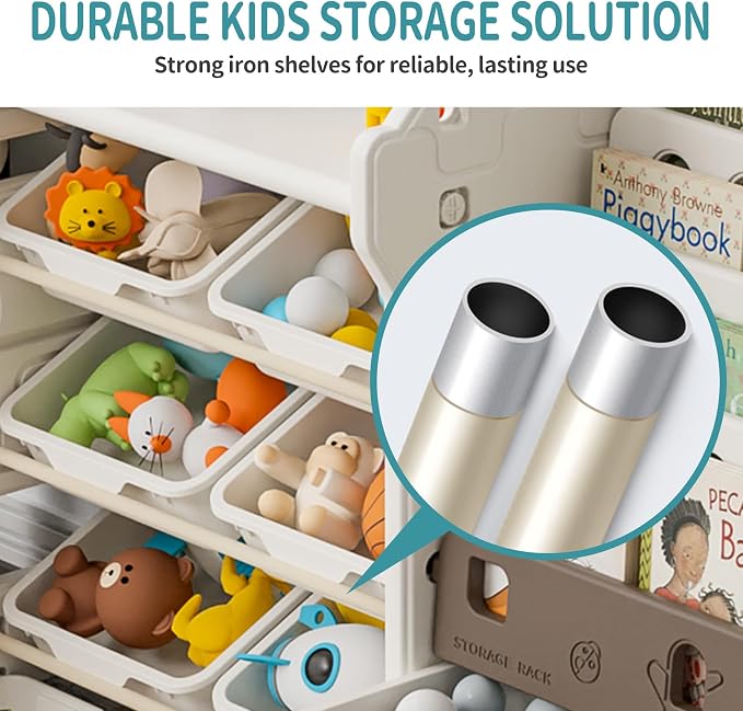 Kids Toy Storage Organizer with Bookshelf, 14-Bin Playroom Organizer and Bookcase, HDPE Toddler Storage Shelf with Drawing Board, for Nursery, Bedroom and Playroom (Brown) - Image 9
