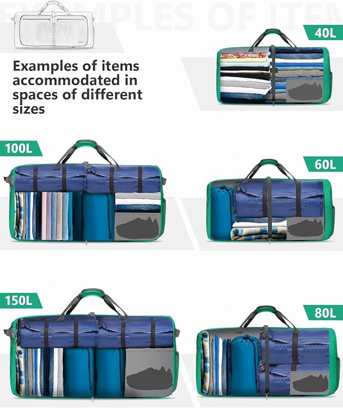 Gonex 100L Foldable Travel Duffle Bag with Shoe Compartment, Lightweight | 210D Nylon, Water-Repellent, Folds Compact, Multiple Pockets, Luggage Sleeve,Family Travel & Camping, Mint Green - Image 7