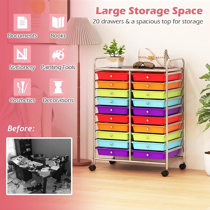 RELAX4LIFE 20 Drawer Rolling Storage Cart, Mobile Rolling Cart w/Drawers for School Classroom Teacher Office Home Salon, Paper File Art Supply Craft Organizer, Utility Cart on Wheels (Multicolor) - Image 4