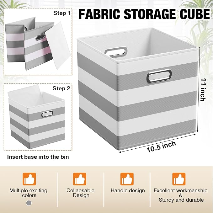 CroBlissful 11 Inch 6 Pack Fabric Storage Cubes with Metal Handles, Back to School Collapsible Organizer Bins for Classroom, Closet, Student Room, Toys and School Supplies (Grey and White) - Image 3