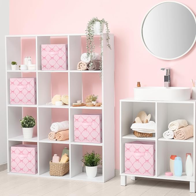 6 Pcs Light Pink Bow Cube Storage Bins 11 Inch Storage Basket | Preppy Girls Organizer Basket with Handle, Collapsible Fabric Box for Classroom Bedrooms Office Home Decoration Gift - Image 5