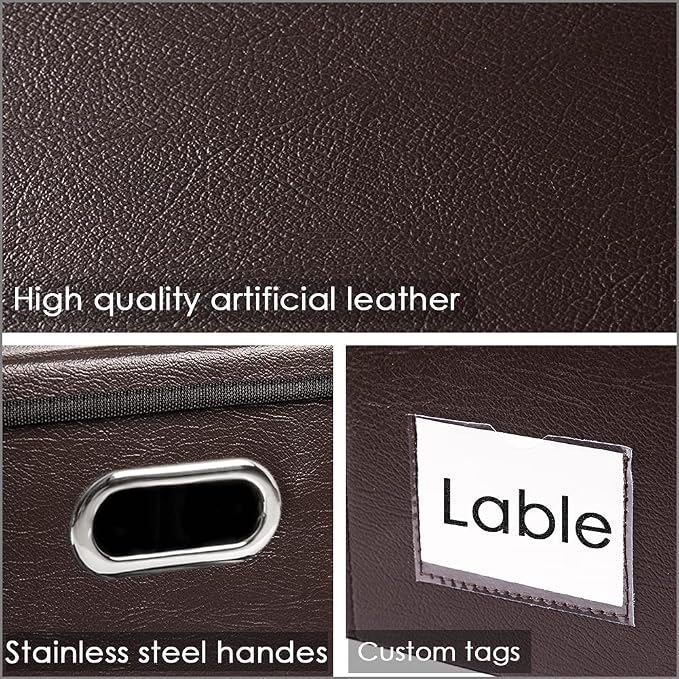 Large Collapsible Storage Bin with Lid [1-Pack] Leather Fabric Foldable Storage Box Organizer Containes Basket Cube with Cover for Home Bedroom Closet Office Nursery Brown (17.7x11.8x11.8) - Image 4