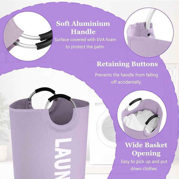 2Pack 125L Extra Large Laundry Baskets, Collapsible Laundry Hamper with Soft Handles, Dirty Clothes Basket in 600D Oxford Fabric, Sturdy Clothes Hampers for Travel, Family, Purple + Pink - Image 7