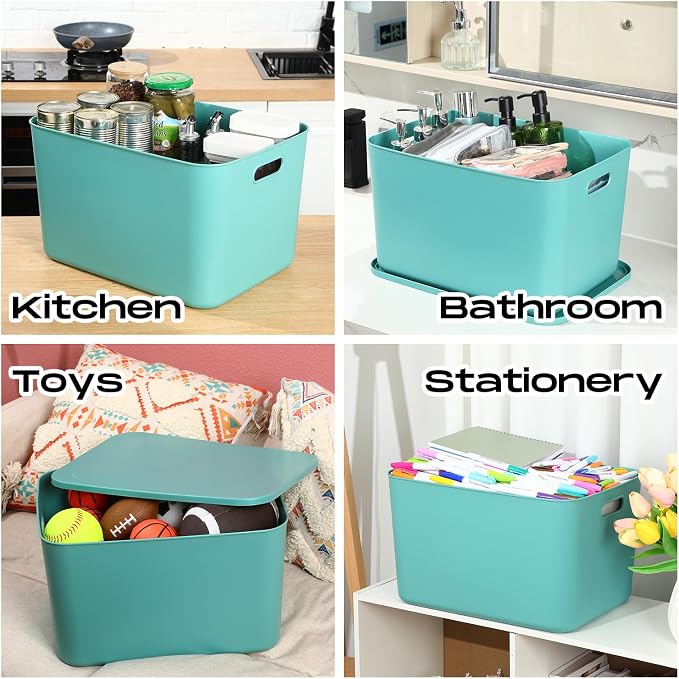 8 Pack Storage Bins, 16.1 X 12.0 X 9.7 Inch Green | Plastic Stackable Containers with Lid Handle, For Shelves Desktop Playroom Office, Organizing Toys Books Supplies Storage - Image 4