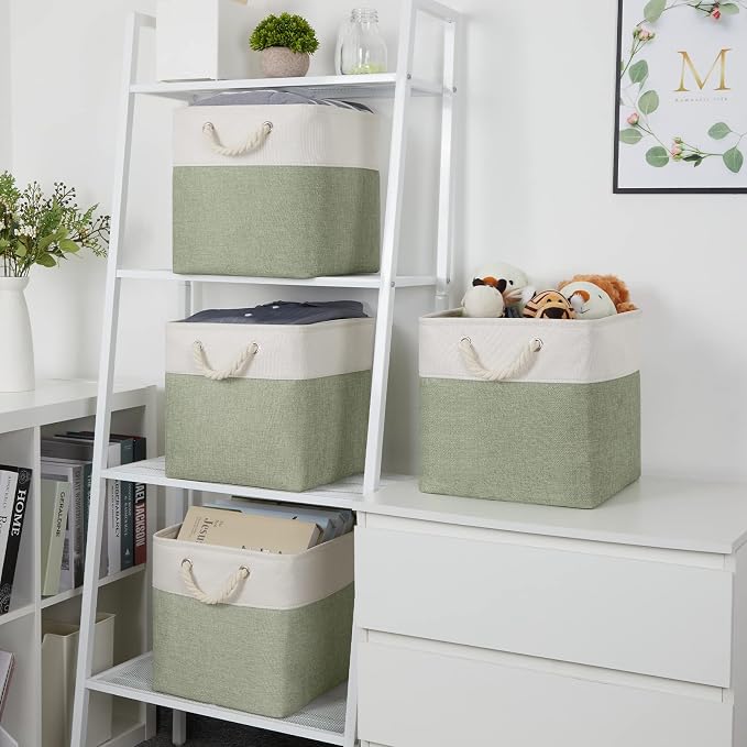 Temary Cube Storage Baskets for Shelves 12 Inch Storage Cubes 4pack Fabric Storage Baskets for Organizing Clothes, Closet Basket with Rope Handles for Home (White&Green) - Image 5