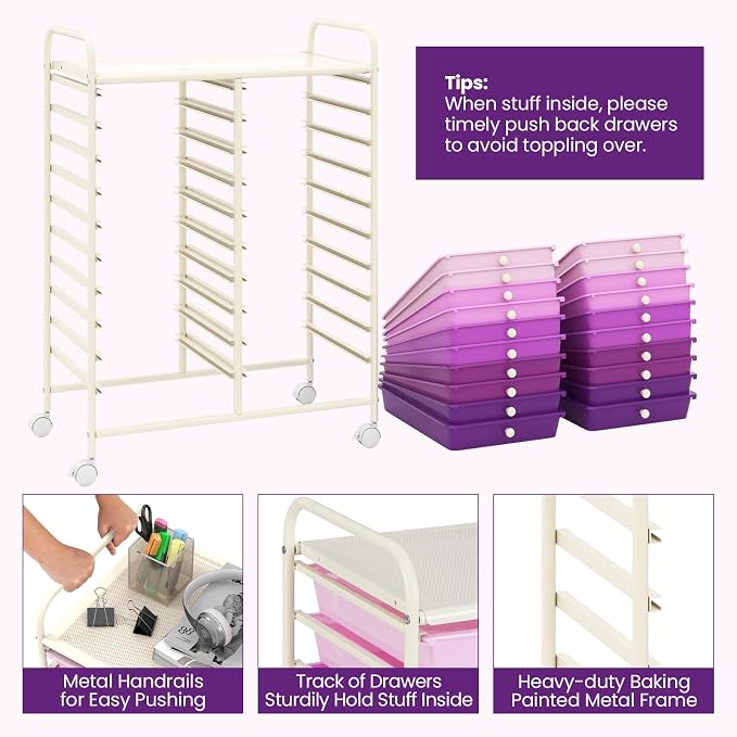 RELAX4LIFE 20-Drawer Rolling Storage Cart - Mobile Rolling Cart w/Drawers for School Classroom Teacher Office Home Salon, Paper File Art Supply Craft Organizer, Utility Cart on Wheels - Image 6