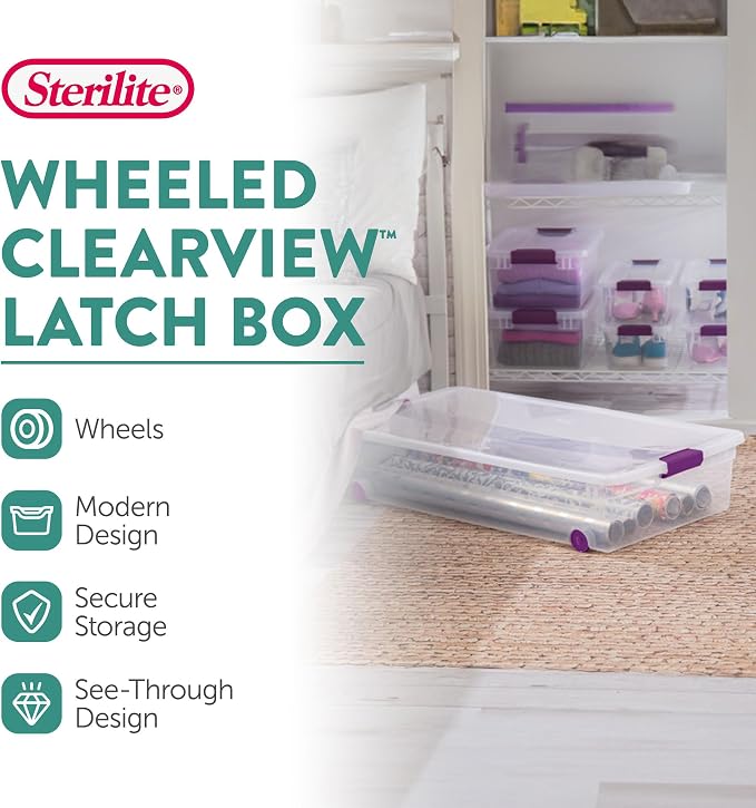 Sterilite 16-Pack 60 Quart ClearView Latch Box, Wheeled Underbed Organizer Bins with Latching Lids - Clear Plastic Organization Containers for Closet, Bedroom, Shelving Units and Everyday Home Storage - Image 2