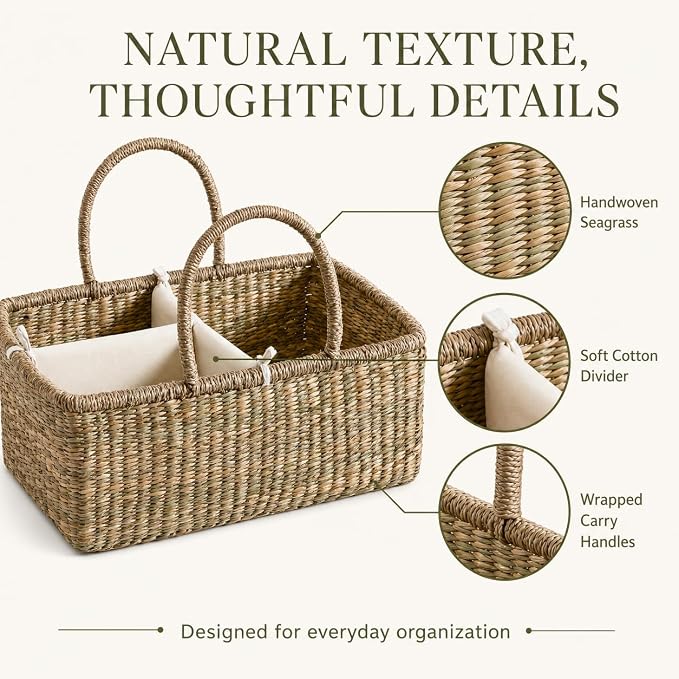 Premium Wicker Baby Diaper Caddy Organizer, Woven Seagrass Basket with Handles, Diaper Basket with Dividers (Rectangle) - Image 4