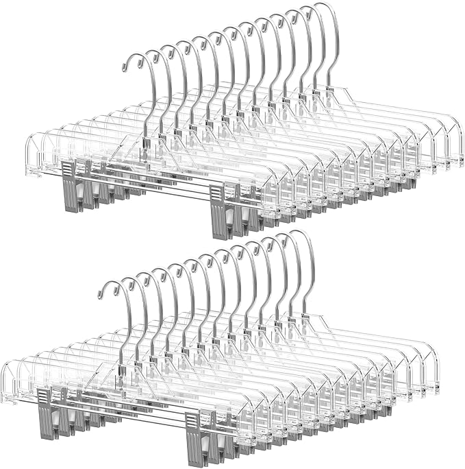 14" Clear Pants Hangers with Clips 25 Pack, Plastic Skirts Hangers | Slim Space Saving, Adjustable Clips Hangers with 360° Swivel Hook & Non-Slip Pad for Adults and Kids, Pants, Shirt, Jeans by UEAKPIC