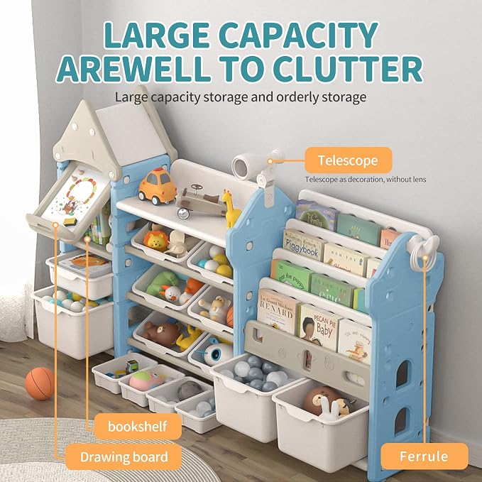 Kids Toy Storage Organizer with Bookshelf, 14-Bin Playroom Organizer and Bookcase, HDPE Toddler Storage Shelf with Drawing Board, for Nursery, Bedroom and Playroom (White & Blue) - Image 5