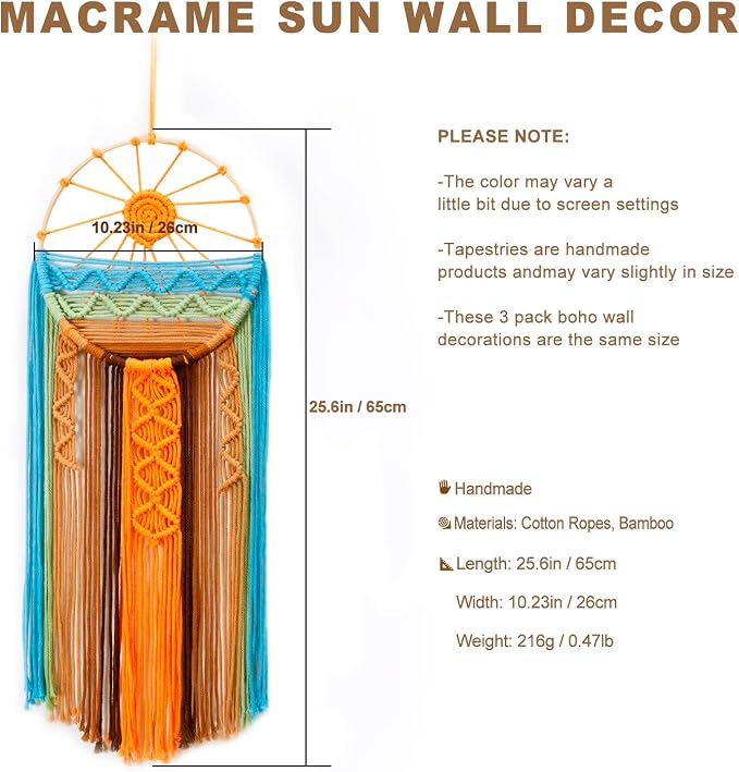 Artilady 3 Pack Macrame Wall Hanging Tapestry, Boho Sun Art Dream Catcher | Large Tapestry, Handmade Woven, Farmhouse Rustic, Colorful Sun Wall Art Set, Bedroom Living Room Entryway Home Decor - Image 4