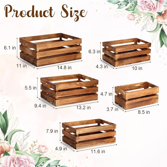 Soaoo 5 Pcs Decorative Nesting Wooden Crates for Storage Display 5 Size Large Small Rustic Wood Decorative Storage Crates with Handle Farmhouse Crate Box Container Made from Pine(Vintage Brown) - Image 2