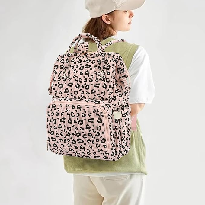 Corduroy Diaper Bag Backpack for Baby Girls Boys, Women Large Nappy Bags for Mom (Pink Corduroy Leopard) - Image 2