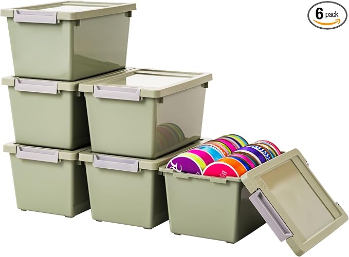 IRIS USA Storage Bins with Lids |Made in USA| 4 Qt - (6-Pack) - Sage Green | Sensory Craft Organizers, Plastic Clip Box Totes, Flat Containers for Organizing Paper, Office, Art & Study Supplies by IRISUSA