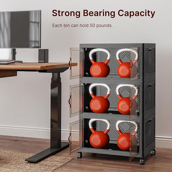 Stackable Storage Bins with Lids, 144QT Lockable Storage Cabinet | Folding Storage Box with Doors and Wheels, Collapsible Plastic Drawers for Home, Garage, Office - Image 2