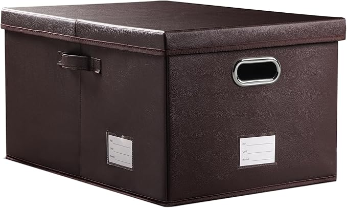 Collapsible Storage Box with Lid [1-Pack] Leather Fabric Foldable Storage Bin Organizer Container Basket Cube with Cover for Home Bedroom Closet Office Nursery Brown (22.8X15.7X11.8) by Prandom