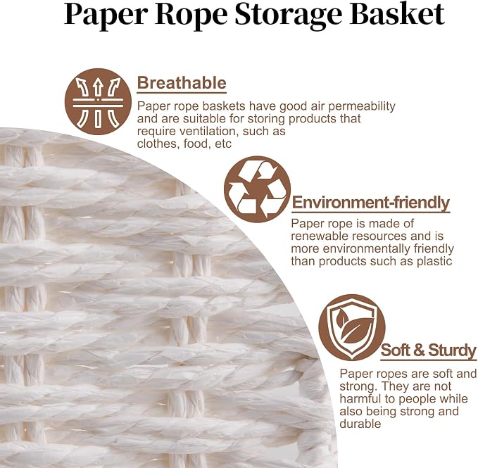OIAHOMY Wicker Storage Basket, Rectangular Paper Rope Shelf Baskets with Built-in Handles, Woven Decorative Organizer for Pantry, Shelves, Living Room and Bathroom, 1-Pack White - Image 3